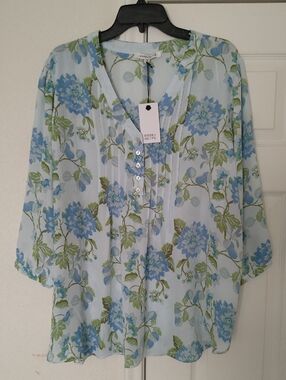Rose & Olive Green /Blue Floral Pintuck Button Front V- Neck Flowy Blouse Sz 2x